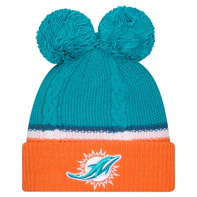 Bonnet en tricot à revers à double bulle avec pompons pour femme New Era Aqua Miami Dolphins