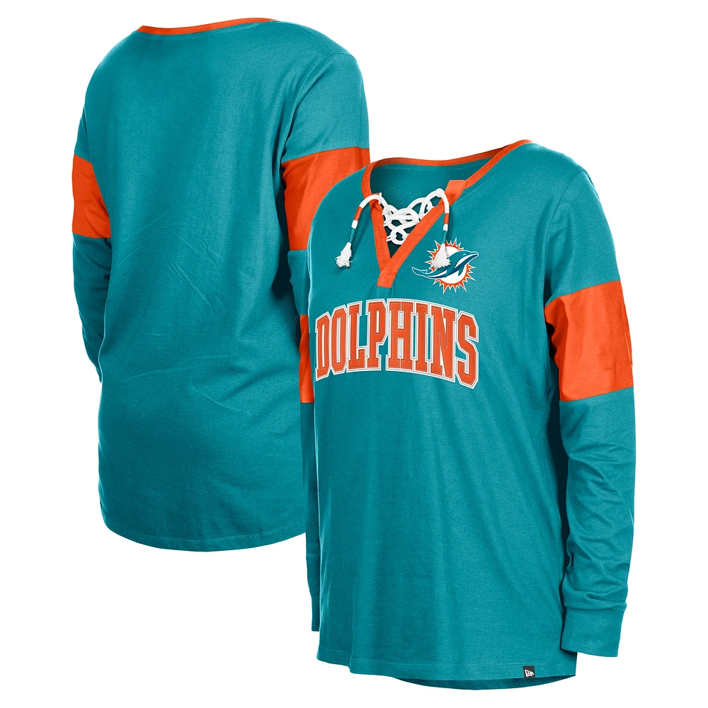 T-shirt à manches longues et col cranté lacets pour femme New Era Aqua Miami Dolphins