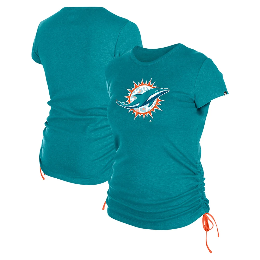 T-shirt froncé sur le côté Aqua Miami Dolphins New Era pour femme