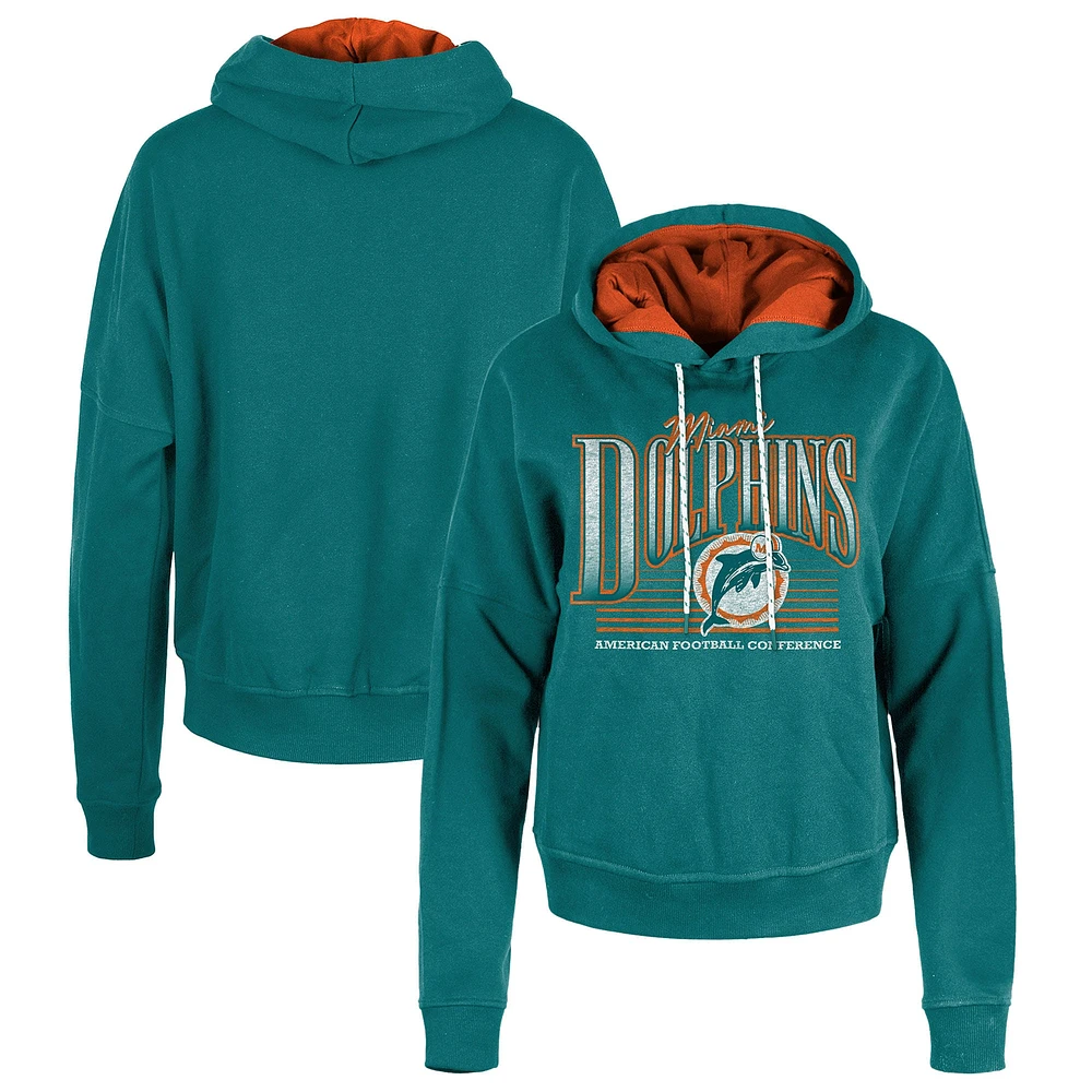 Women's New Era Aqua Miami Dolphins Throwback Boxy Pullover Hoodie