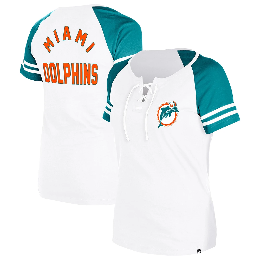 T-shirt raglan à lacets New Era gris Miami Dolphins Throwback pour femme