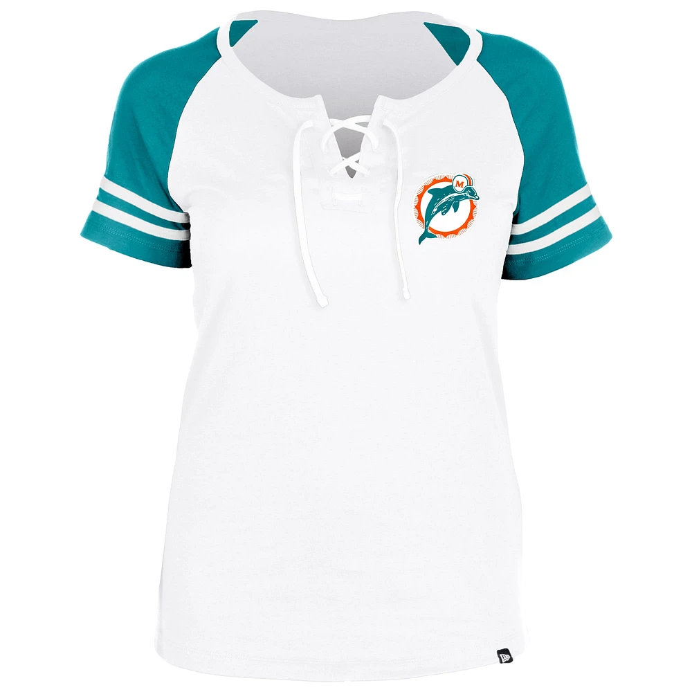 T-shirt raglan à lacets New Era gris Miami Dolphins Throwback pour femme