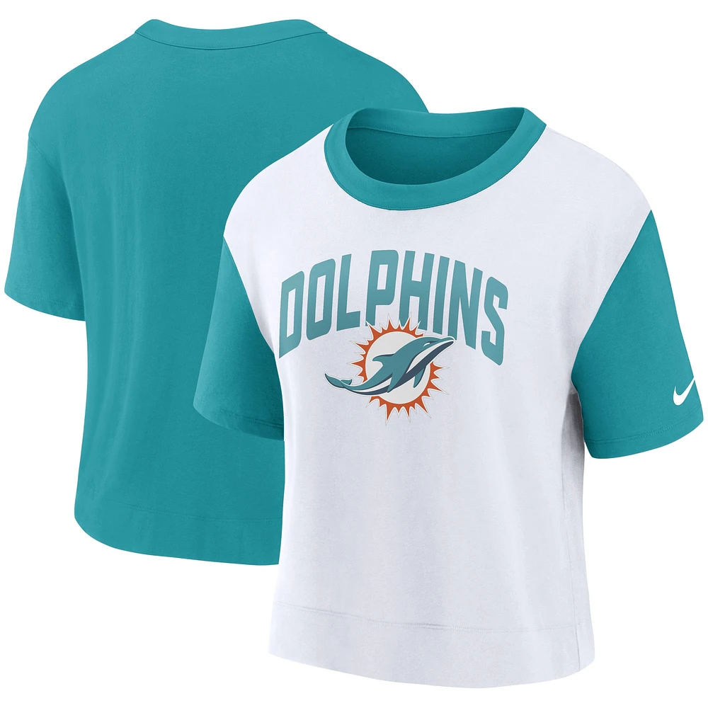 T-shirt tendance Miami Dolphins pour femme Nike Aqua/White High Hip