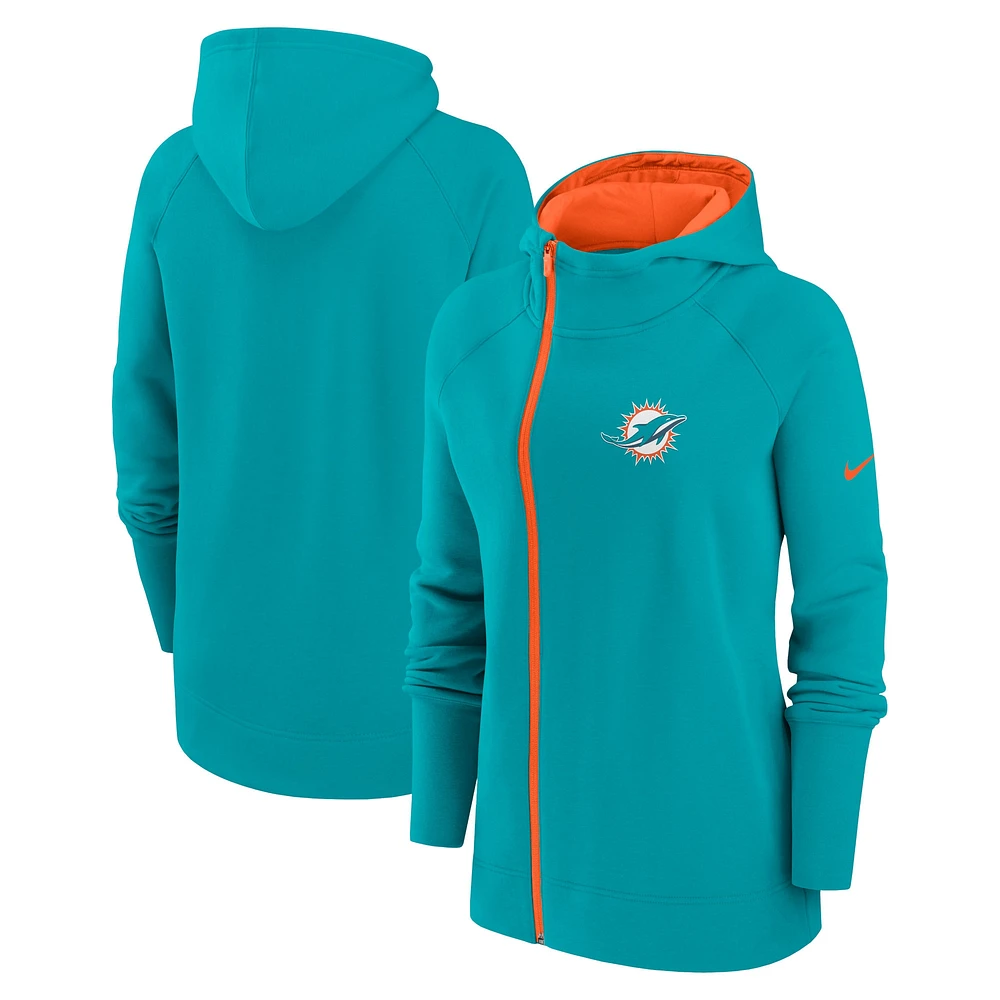 Sweat à capuche zippé et raglan asymétrique Nike Aqua Miami Dolphins pour Femme