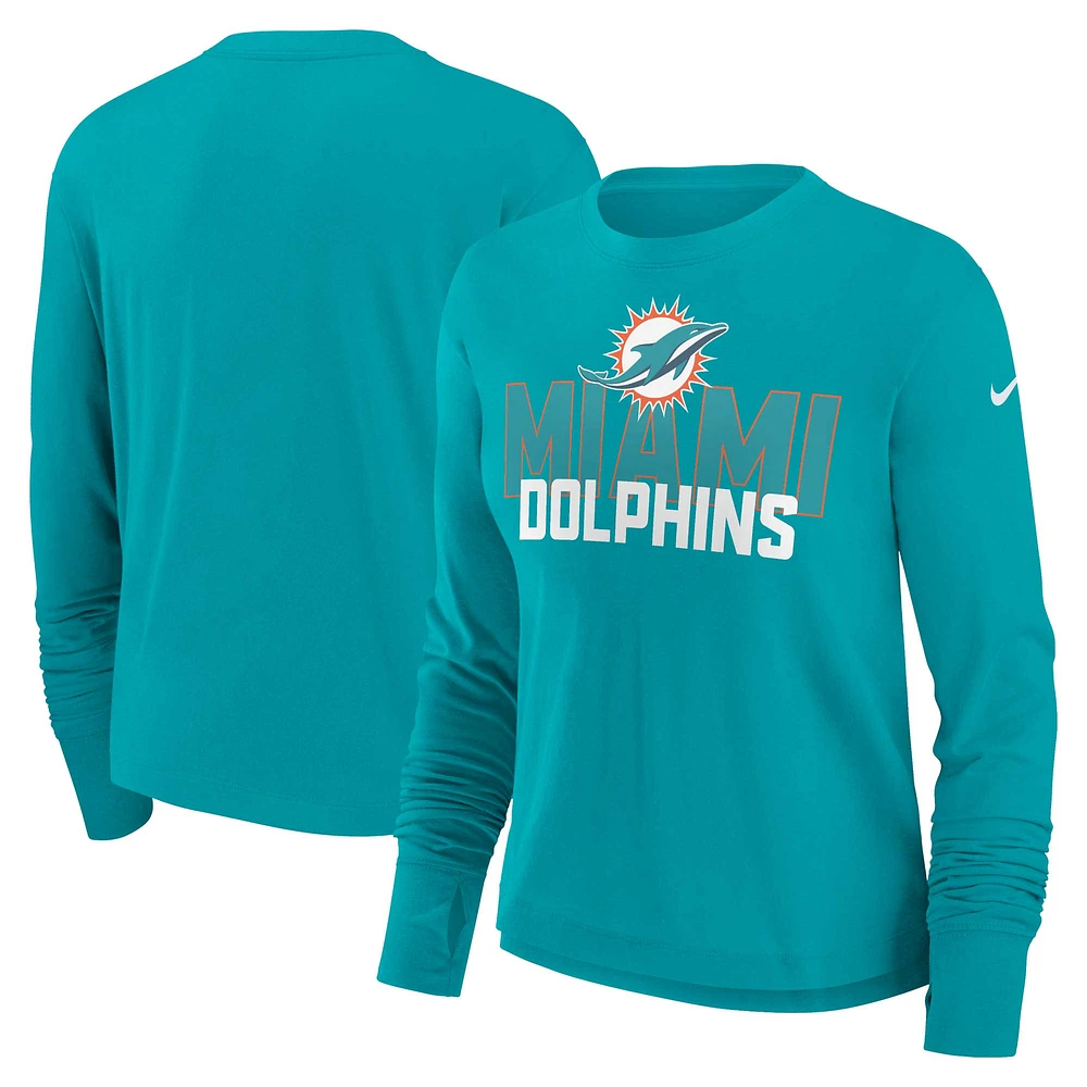 T-shirt à manches longues Nike Aqua Miami Dolphins Modest Crop Performance pour femmes