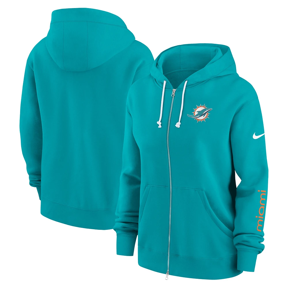 Sweat à capuche entièrement zippé Nike Aqua Miami Dolphins Phoenix pour femme