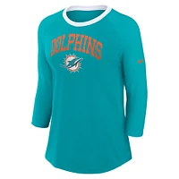 T-shirt à manches 3/4 raglan Nike Aqua Miami Dolphins pour femme