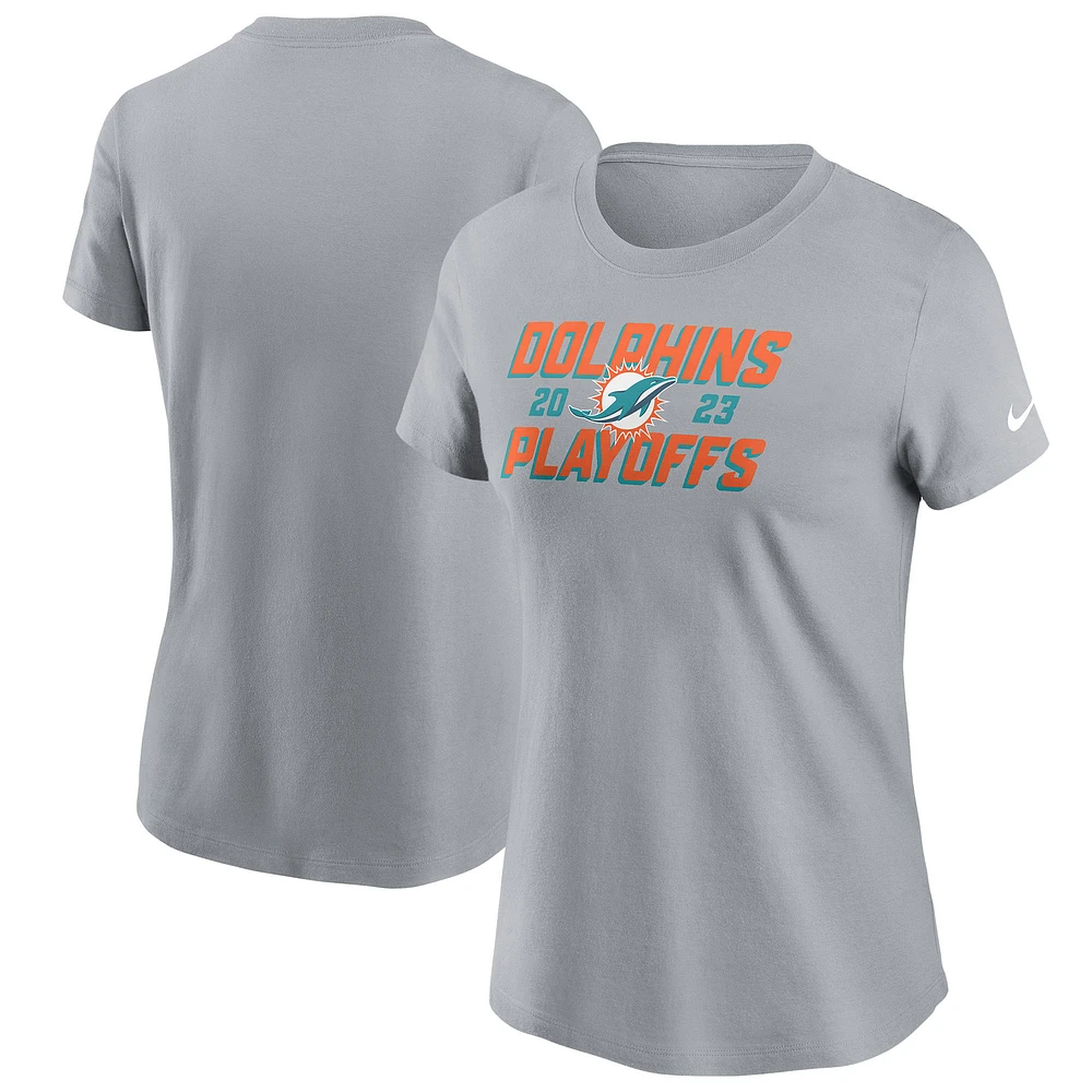 T-shirt emblématique Nike gris Miami Dolphins 2023 NFL Playoffs pour femme