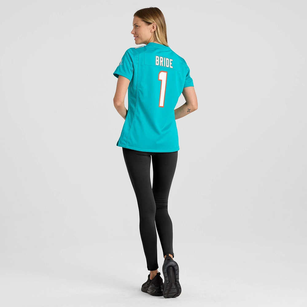 Maillot de match Nike numéro 1 Bride Aqua pour femmes des Dolphins Miami