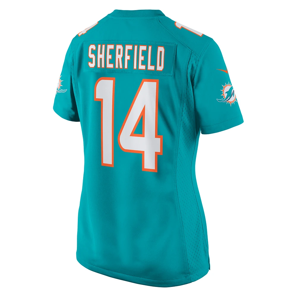 Maillot de joueur match Nike Trent Sherfield Aqua Miami Dolphins pour femme