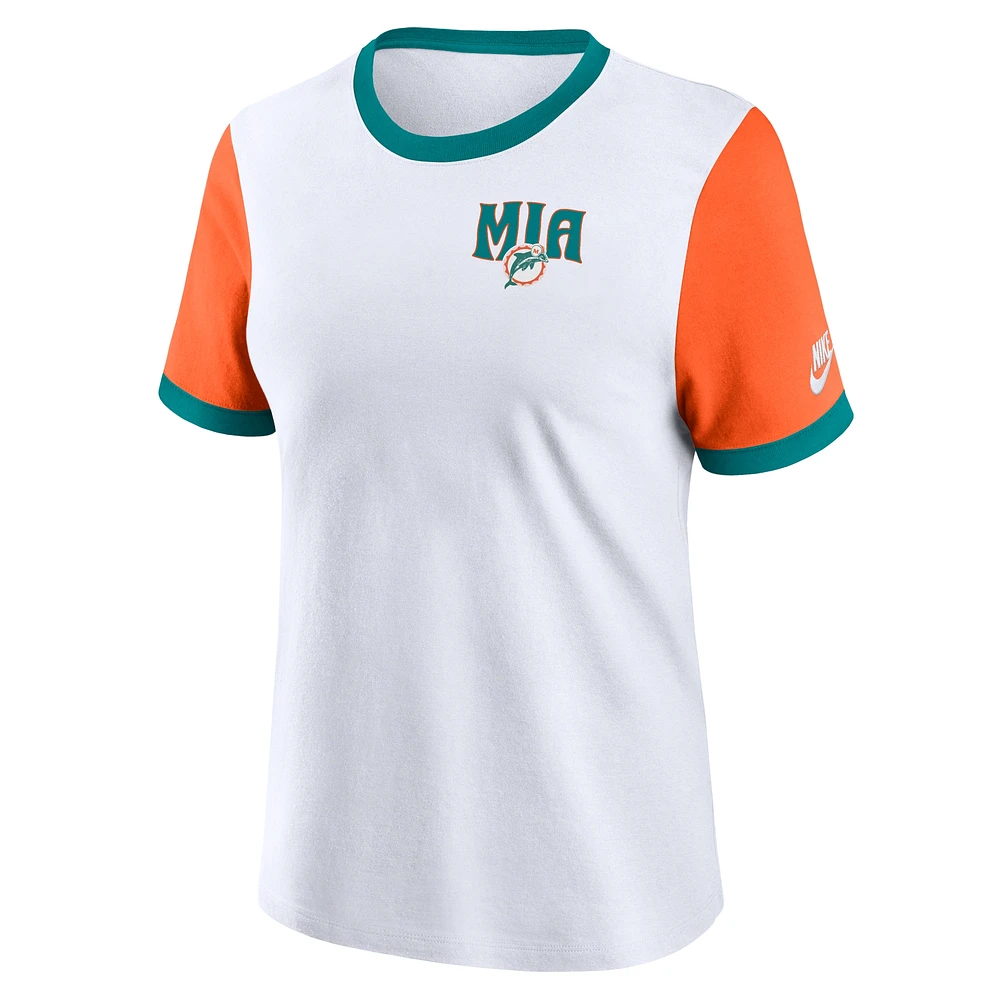 T-shirt Nike pour femme blanc/orange Miami Dolphins Rewind Ringer