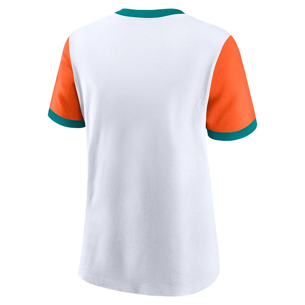 T-shirt Nike pour femme blanc/orange Miami Dolphins Rewind Ringer