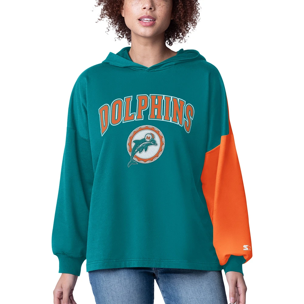 Women's Starter Aqua Miami Dolphins Power Move Long Sleeve Pullover Hoodie