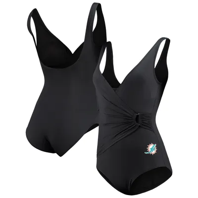 Miami Dolphins Tommy Bahama Women's Pearl Clara Wrap One-Piece Swimsuit - Black