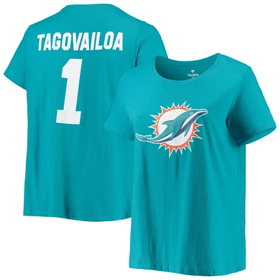T-shirt à col rond avec nom et numéro Fair Catch pour femme Tua Tagovailoa Aqua Miami Dolphins, grande taille
