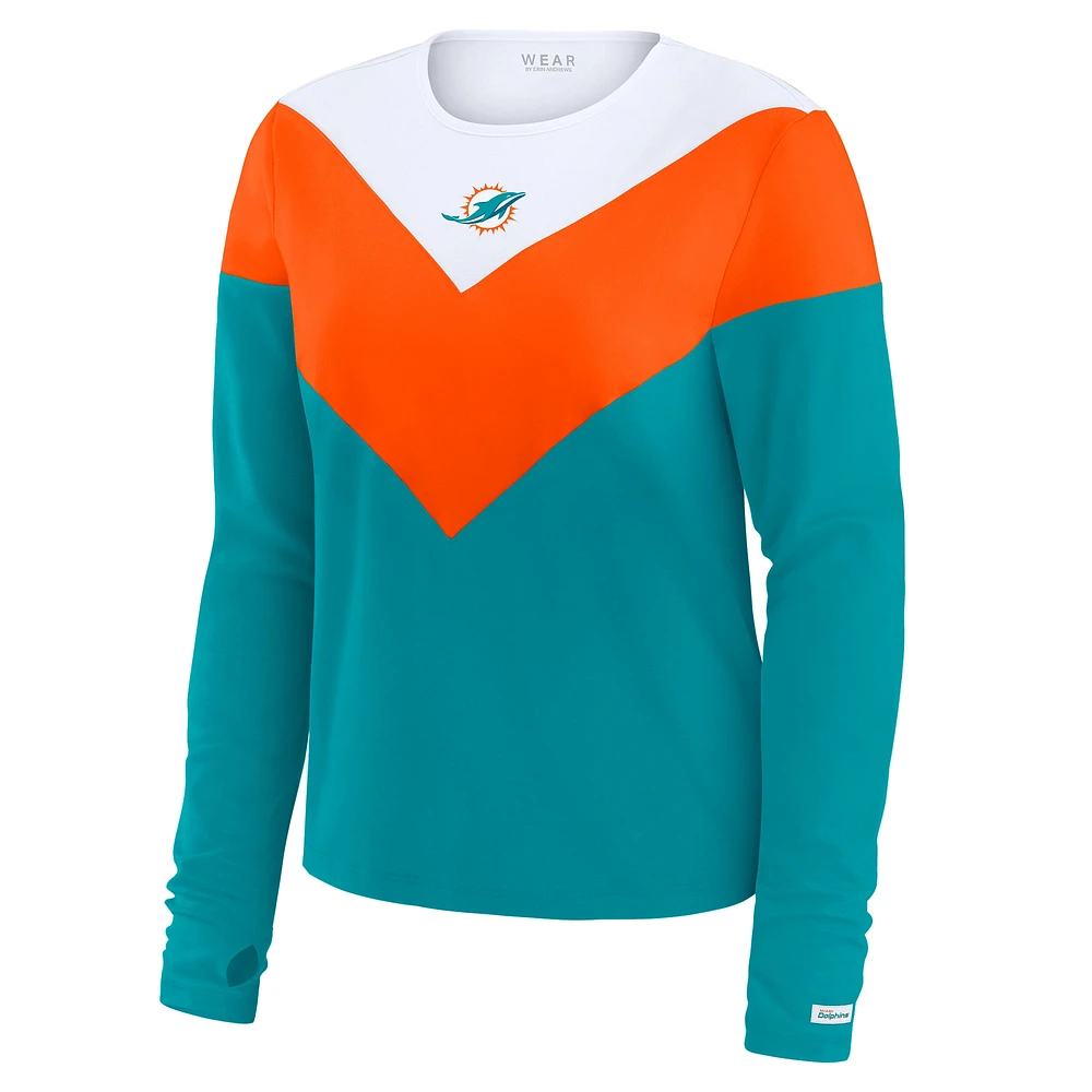 T-shirt à manches longues chevrons tri-blend pour femme WEAR by Erin Andrews Aqua/Orange Miami Dolphins