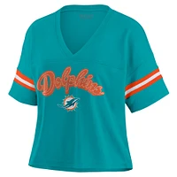 Women's WEAR by Erin Andrews Aqua/White Miami Dolphins Plus Color Block Boxy T-Shirt