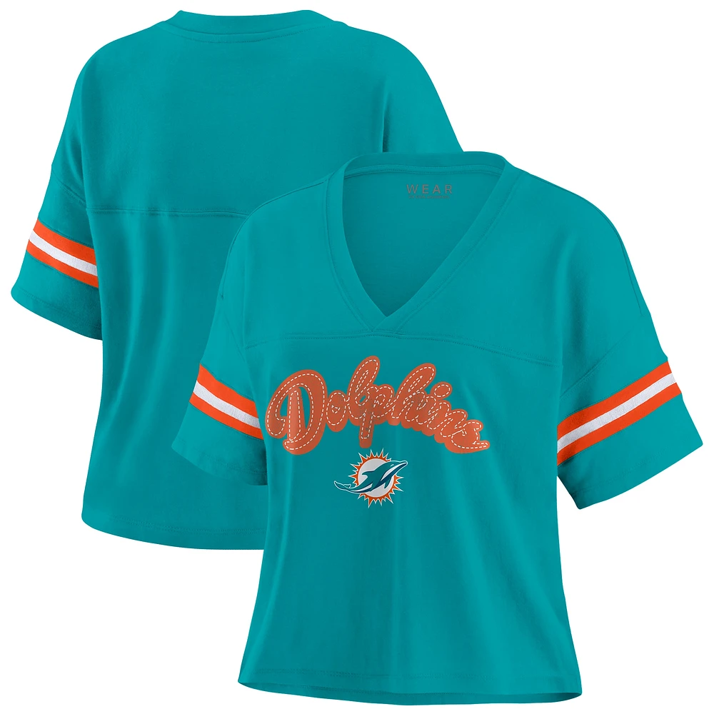 Women's WEAR by Erin Andrews Aqua/White Miami Dolphins Plus Color Block Boxy T-Shirt