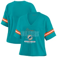 Women's WEAR by Erin Andrews Aqua Miami Dolphins Color Block Boxy Modest Crop V-Neck T-Shirt