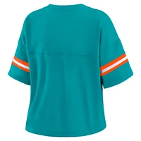 Women's WEAR by Erin Andrews Aqua Miami Dolphins Color Block Boxy Modest Crop V-Neck T-Shirt