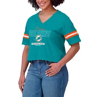 Women's WEAR by Erin Andrews Aqua Miami Dolphins Color Block Boxy Modest Crop V-Neck T-Shirt