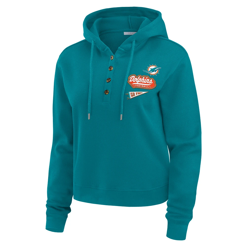 Women's WEAR by Erin Andrews Aqua Miami Dolphins Waffle-Knit Pullover Hoodie