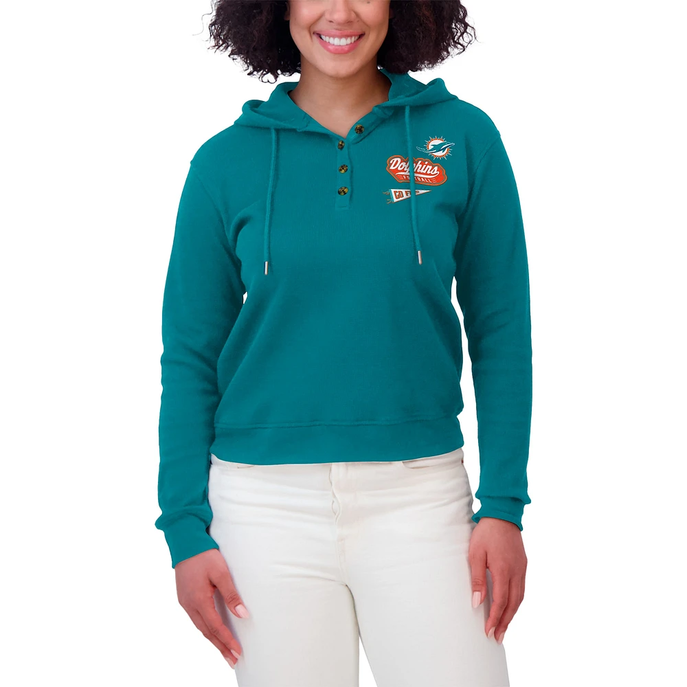 Women's WEAR by Erin Andrews Aqua Miami Dolphins Waffle-Knit Pullover Hoodie