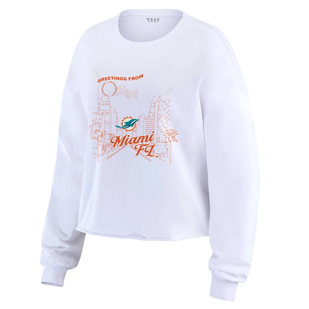 Women's WEAR by Erin Andrews White Miami Dolphins Postcard Cropped Long Sleeve Top