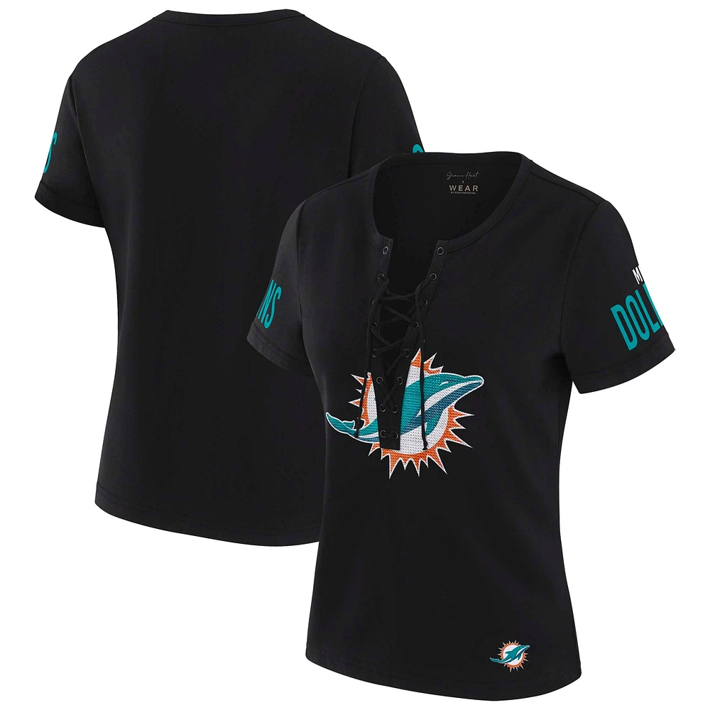 Women's WEAR by Erin Andrews x Gracie Hunt Black Miami Dolphins Draft Me Lace-Up T-Shirt