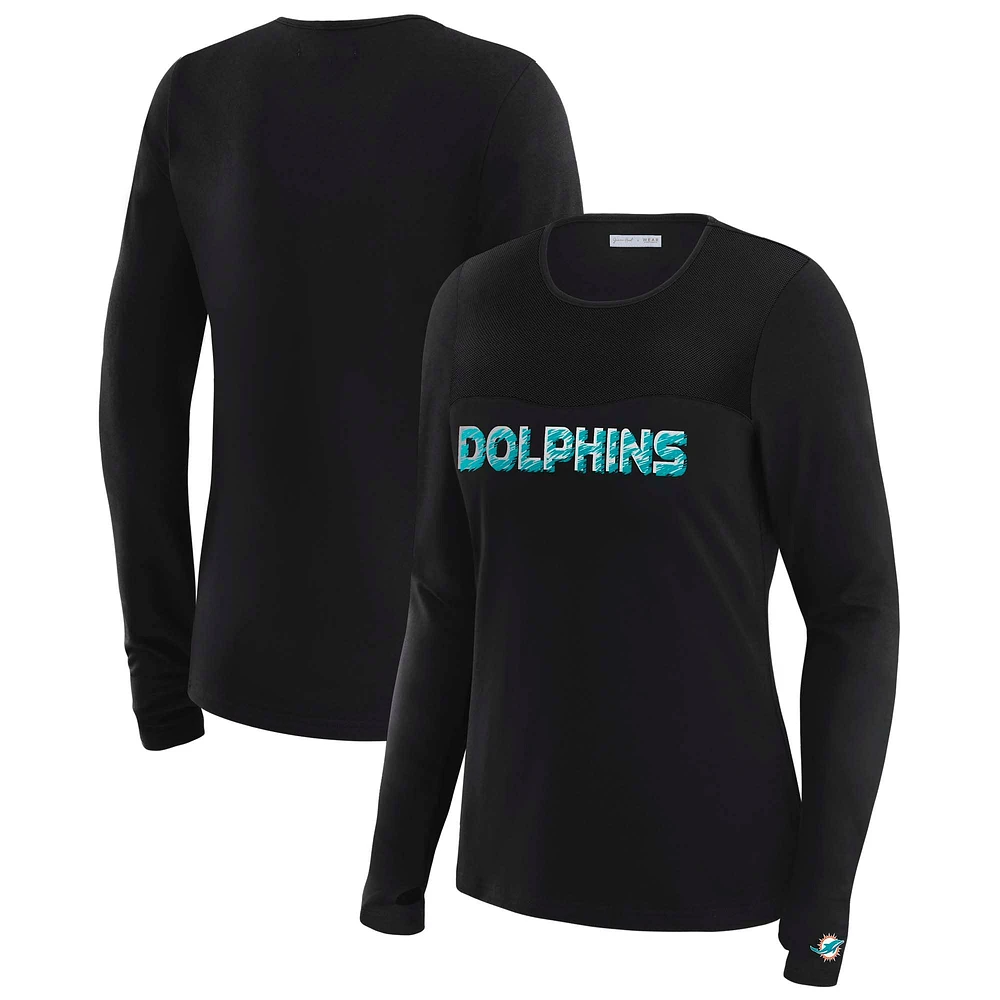 T-shirt à manches longues et empiècement en maille noire Miami Dolphins WEAR by Erin Andrews x Gracie Hunt pour femme