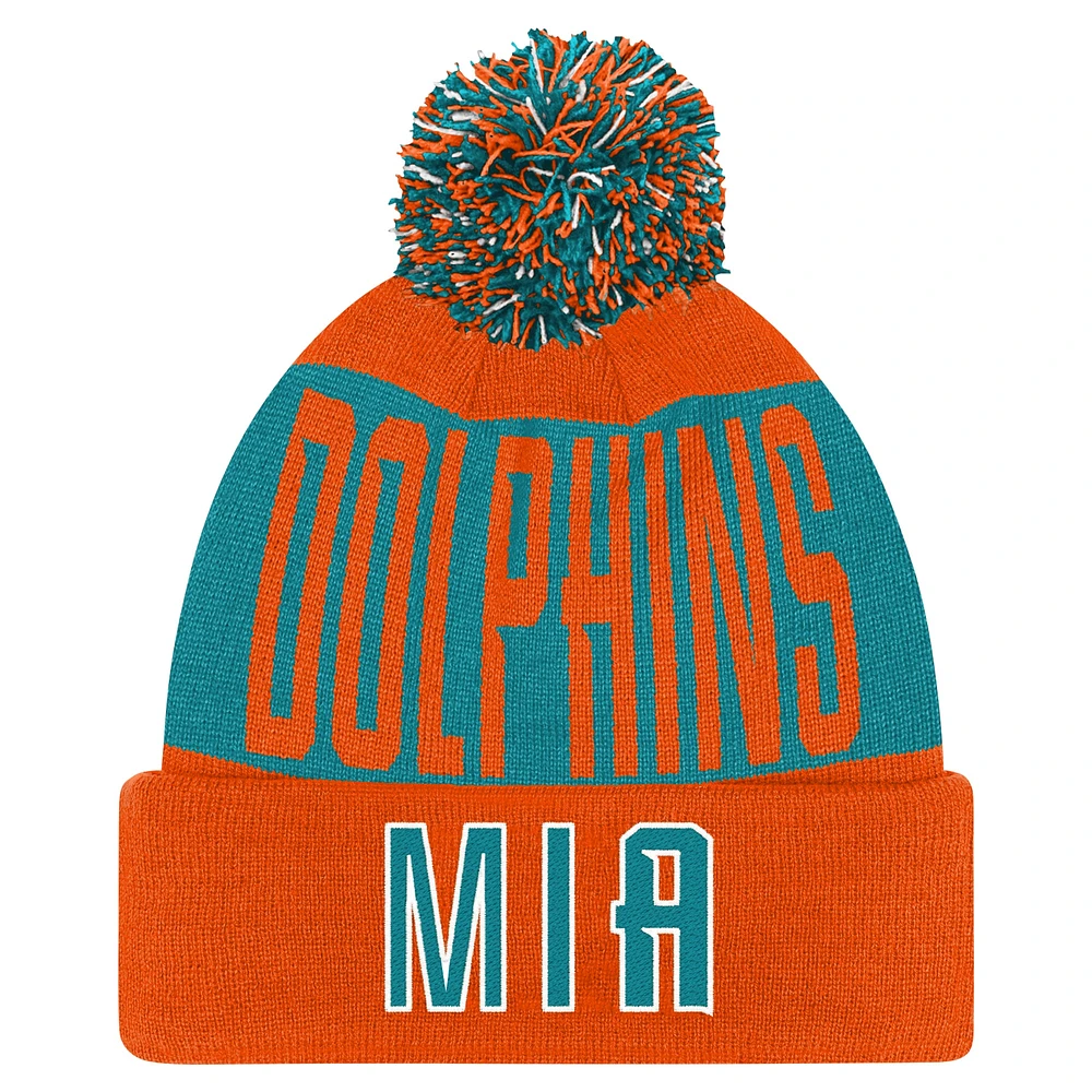 Bonnet en tricot à revers biseauté avec pompon pour jeunes Dolphins de Miami Aqua/Orange