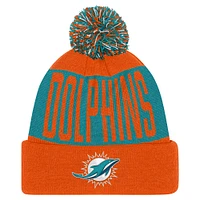 Bonnet en tricot à revers biseauté avec pompon pour jeunes Dolphins de Miami Aqua/Orange