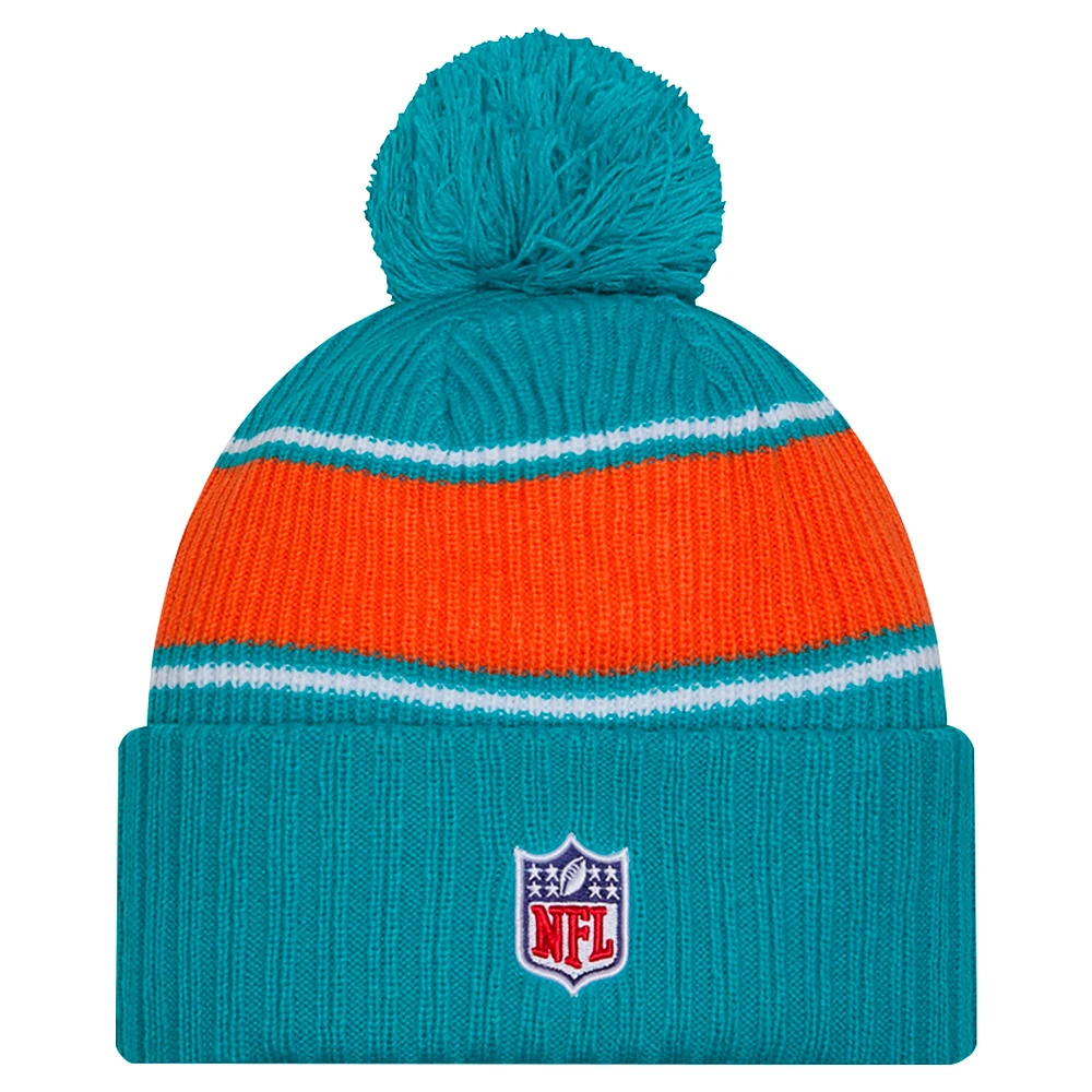 Youth New Era Aqua Miami Dolphins 2024/25 Sideline Cuffed Knit Hat with Pom