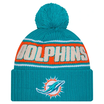 Youth New Era Aqua Miami Dolphins 2024/25 Sideline Cuffed Knit Hat with Pom