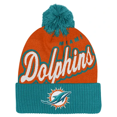 Bonnet tricoté à revers en jacquard Pro-Sport orange/aqua pour jeunes des Miami Dolphins avec pompon