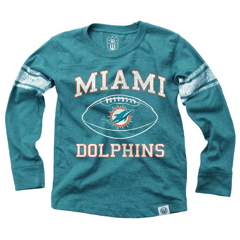 Youth Wes & Willy Aqua Miami Dolphins Football Long Sleeve T-Shirt