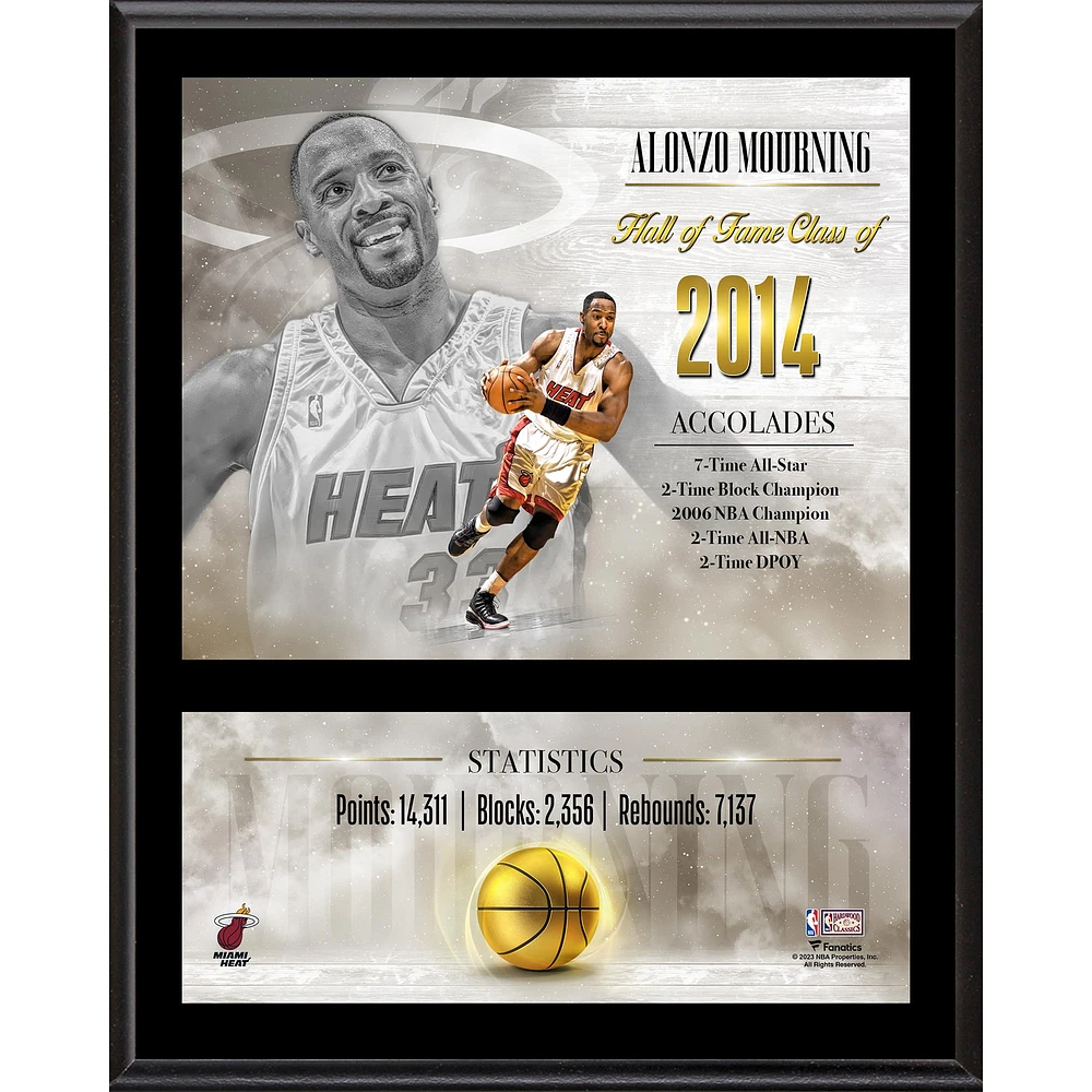 Plaque de joueur sublimée classique en bois dur Alonzo Mourning Miami Heat 12" x 15"