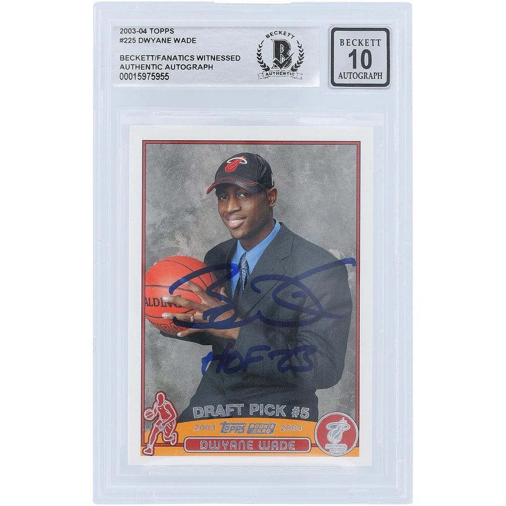 Carte de recrue numéro 10 authentifiée Beckett Fanatics Witnessed 2003-04 Topps Series 1 #225 de Dwyane Wade Miami Heat avec inscription « HOF 23 »