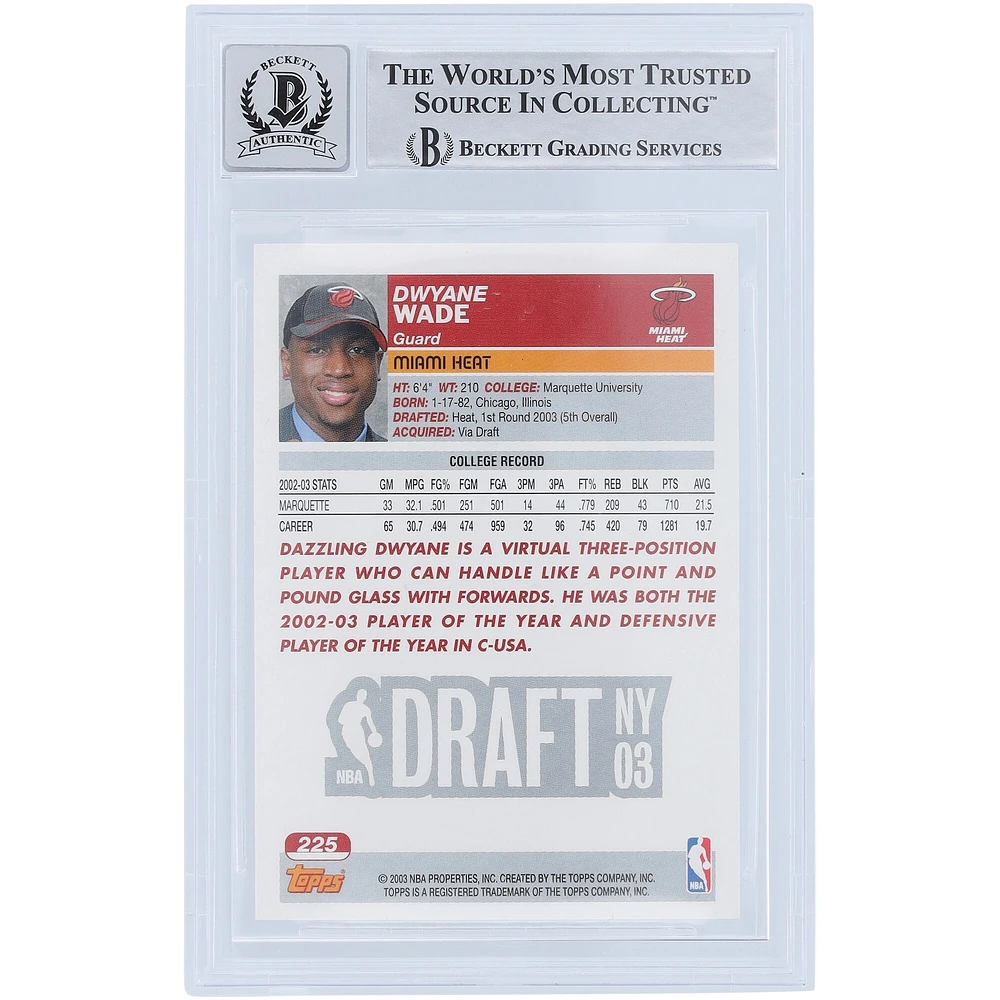 Carte de recrue numéro 10 authentifiée Beckett Fanatics Witnessed 2003-04 Topps Series 1 #225 de Dwyane Wade Miami Heat avec inscription « HOF 23 »