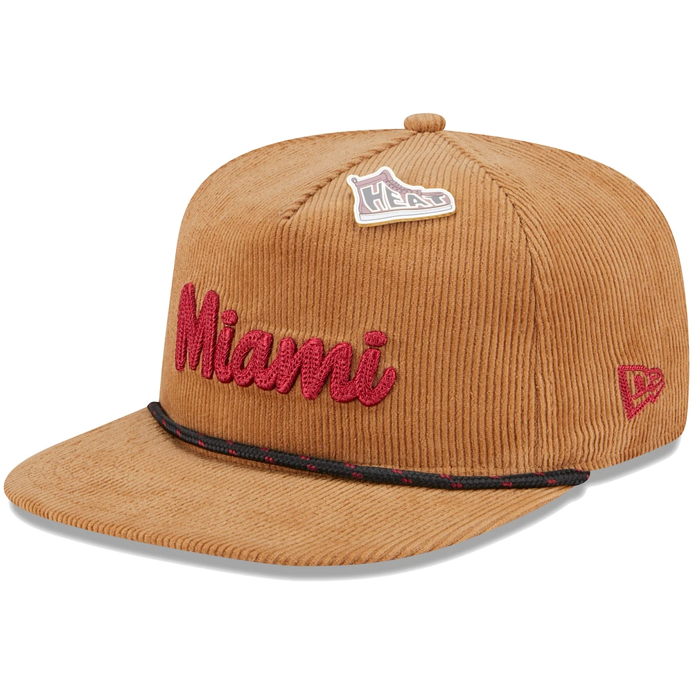 Men's New Era  Tan Miami Heat Victory Grove Corduroy Sneaker Pin Golfer Adjustable Hat