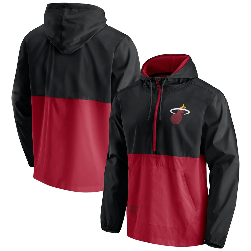 Men's Fanatics Black/Red Miami Heat Anorak Block Party Windbreaker Half-Zip Hoodie Jacket