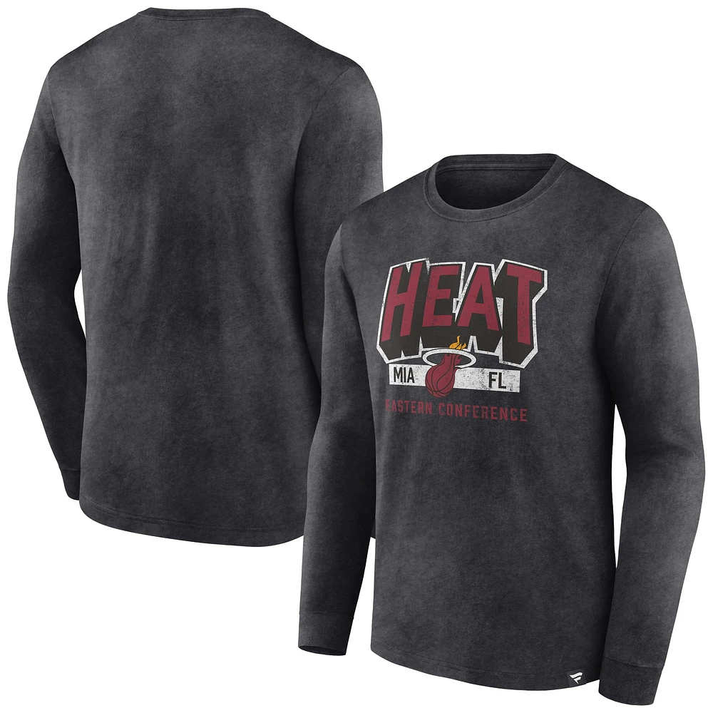 Men's Fanatics Heather Charcoal Miami Heat Front Court Press Snow Wash Long Sleeve T-Shirt