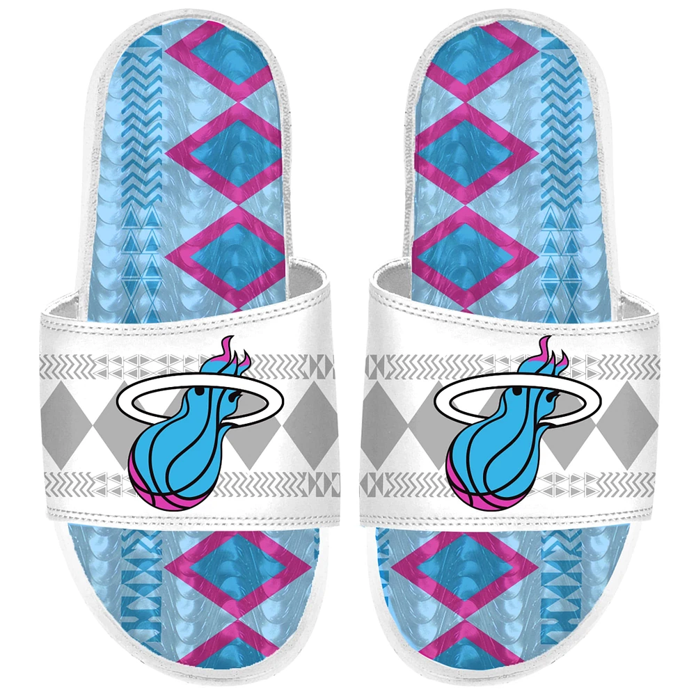 Sandales à enfiler en gel ISlide pour hommes, blanches, Miami Heat Shooting Touch, motif Rwanda