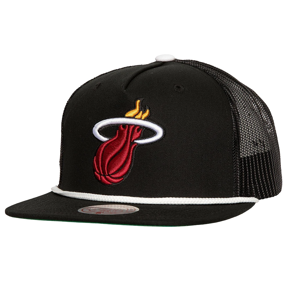 Casquette Snapback Miami Heat Roper Meshback Trucker noire Mitchell & Ness pour hommes