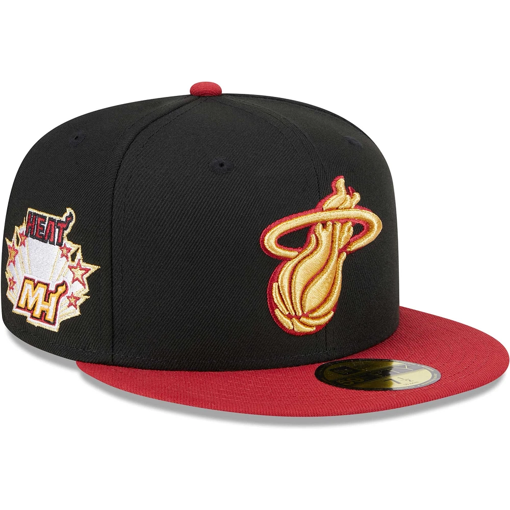 Casquette ajustée 59FIFTY Miami Heat Gameday Gold Pop Stars New Era pour hommes, noir/rouge