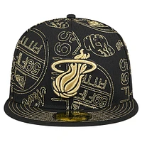 Men's New Era Black Miami Heat 59FIFTY Day Allover Print Stencil Fitted Hat