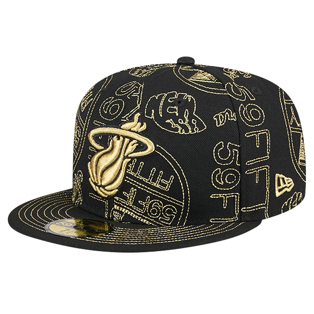 Men's New Era Black Miami Heat 59FIFTY Day Allover Print Stencil Fitted Hat