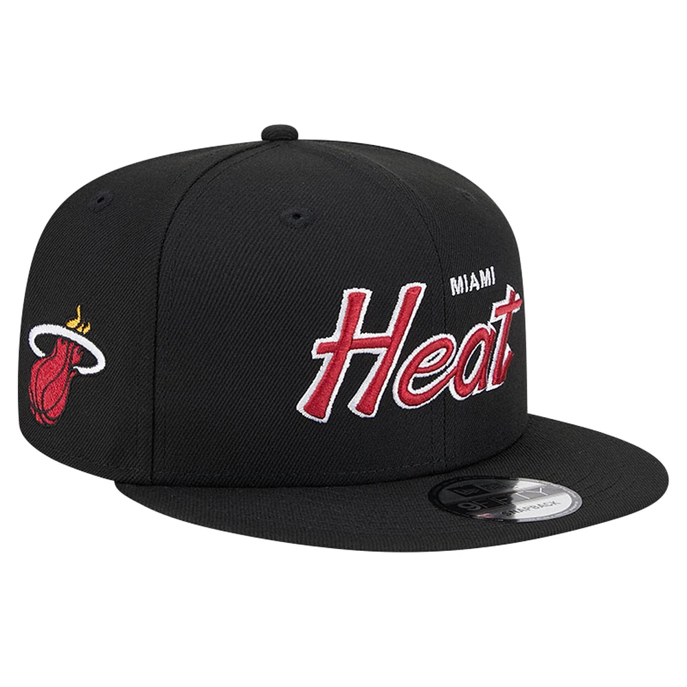 Men's New Era Black Miami Heat Script Side Patch 9FIFTY Snapback Hat