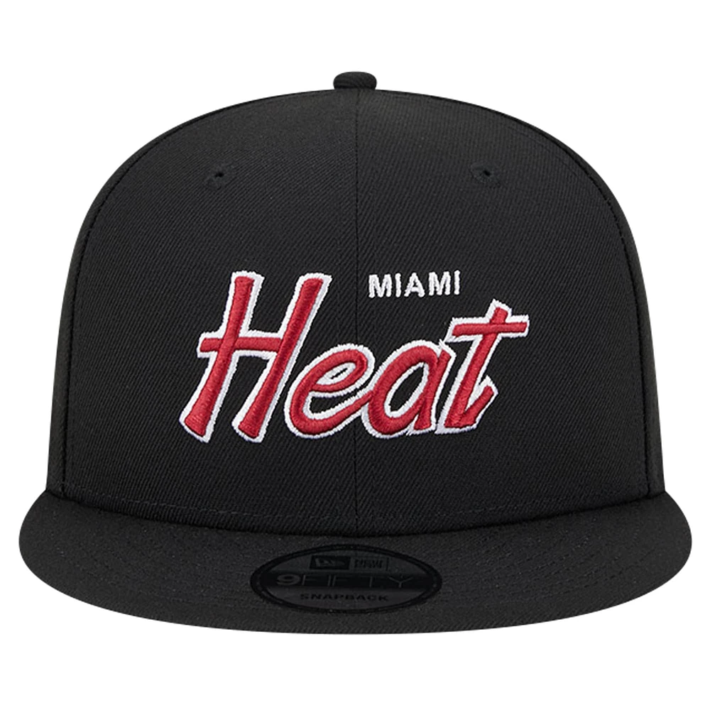 Men's New Era Black Miami Heat Script Side Patch 9FIFTY Snapback Hat