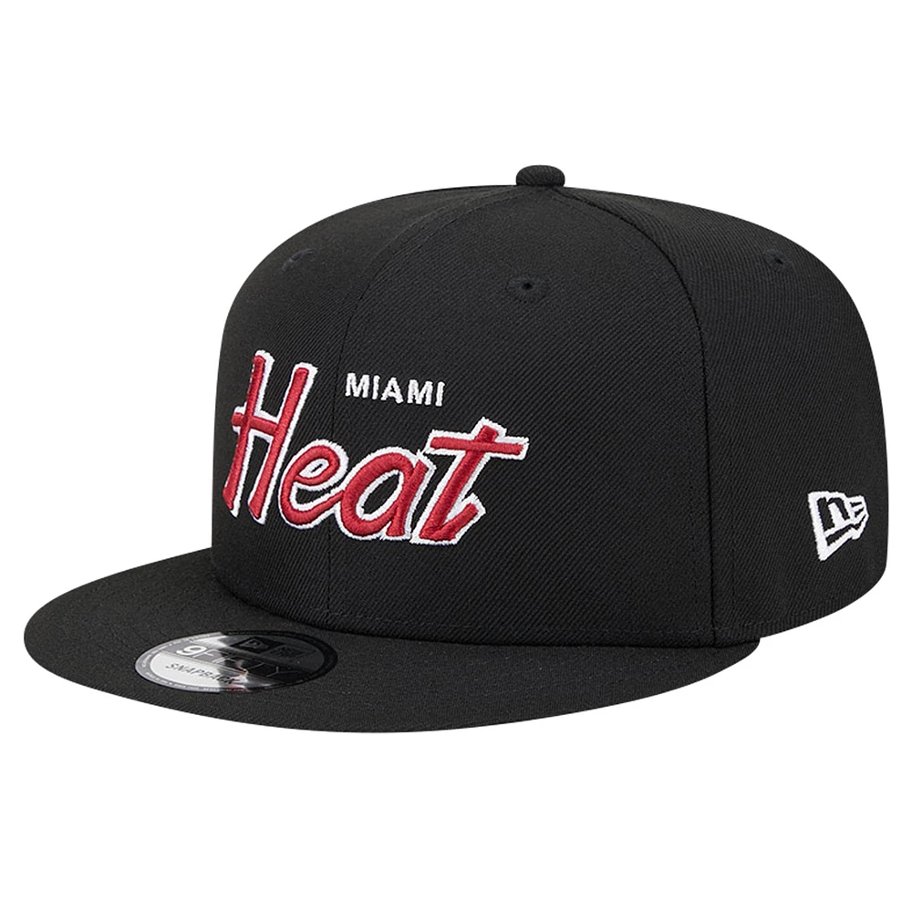 Men's New Era Black Miami Heat Script Side Patch 9FIFTY Snapback Hat